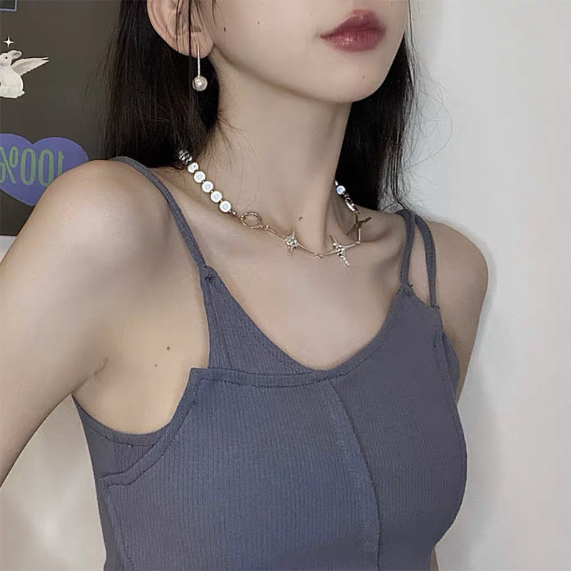 Blue Luminous Pearl Stitching Necklace Female Cross