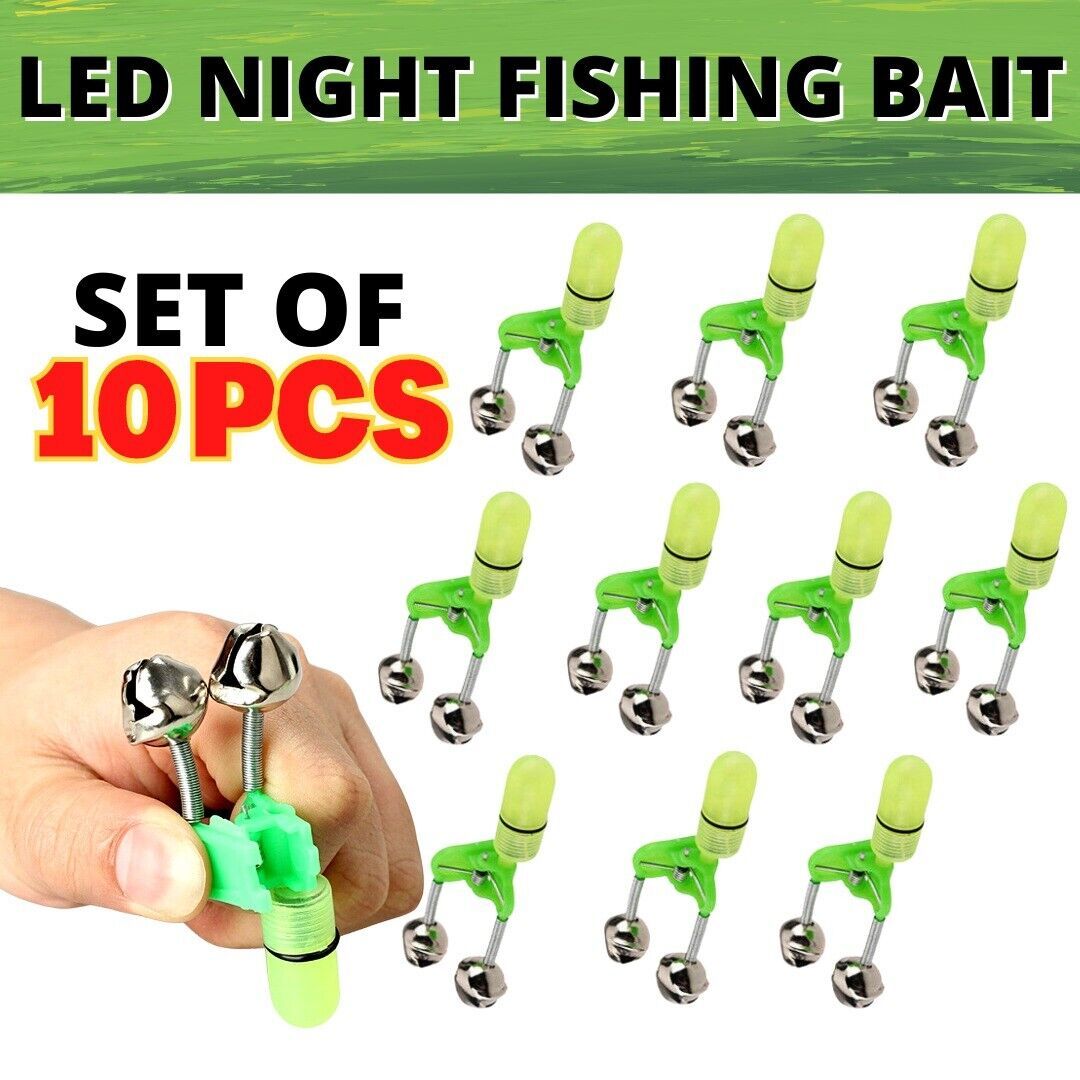 10x LED Night Fishing Bait Bite Alarm Twin 2 Bells Light Rod Tip Clip Alert Ring