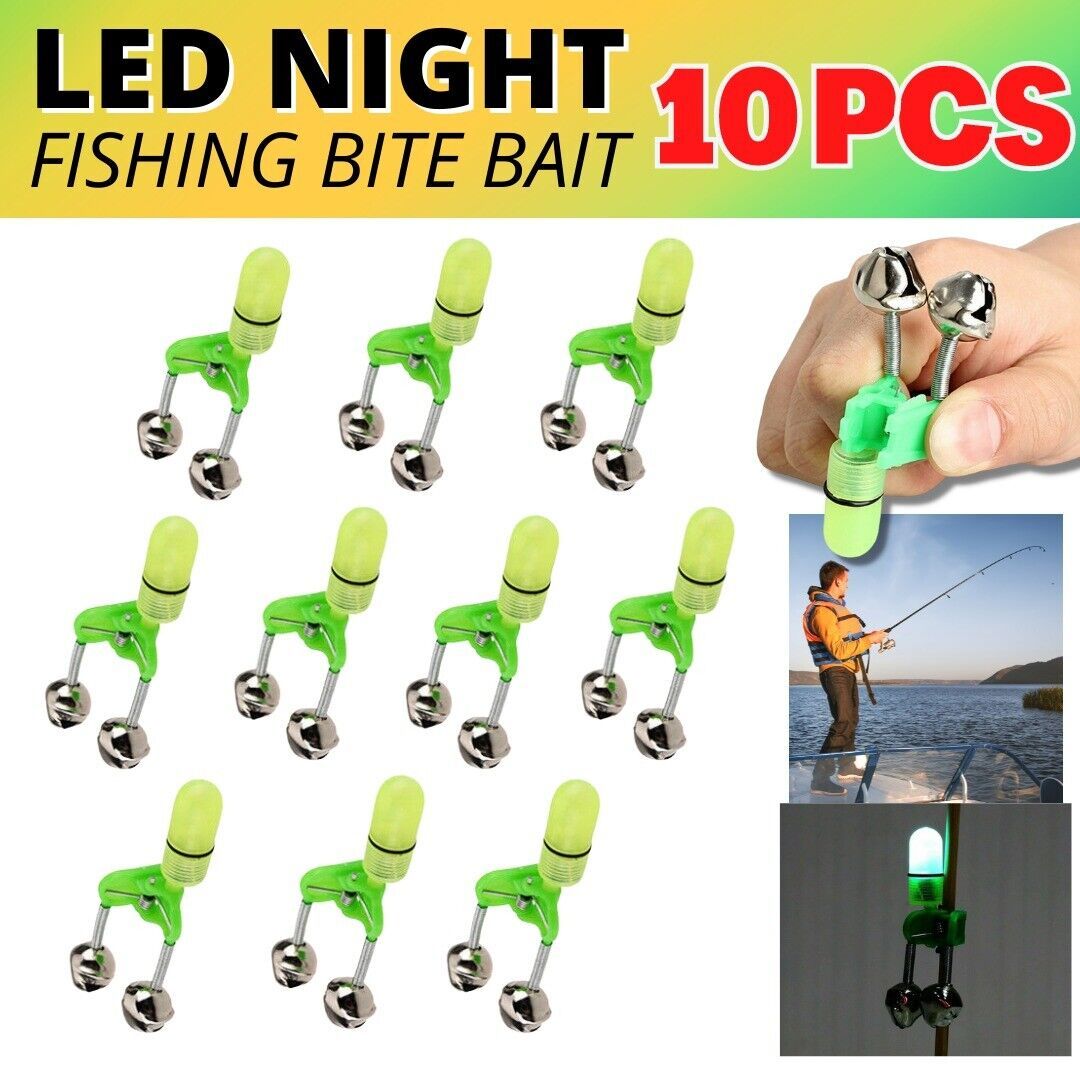 10x LED Night Fishing Bait Bite Alarm Twin 2 Bells Light Rod Tip Clip Alert Ring