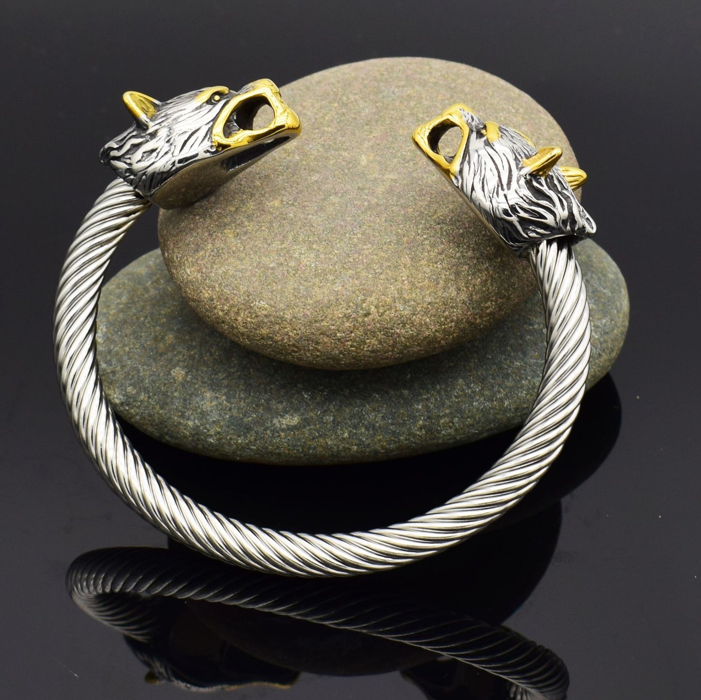 Asgard Crafted Handcrafted Stainless Steel Large Grey Wolf Head Torc Bracelet