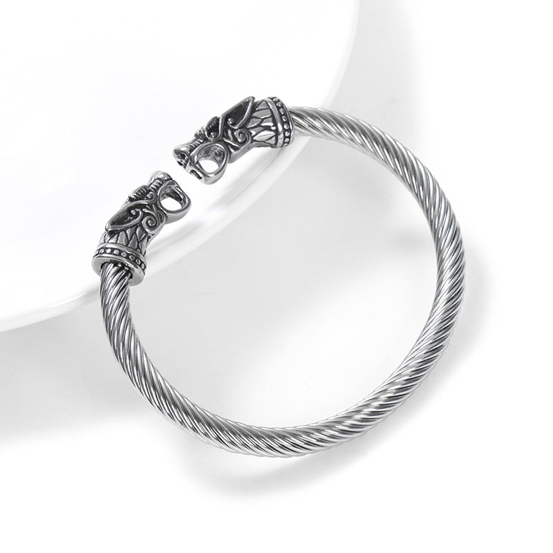 Asgard Crafted Grey Wolf 's Head Torc Bracelet