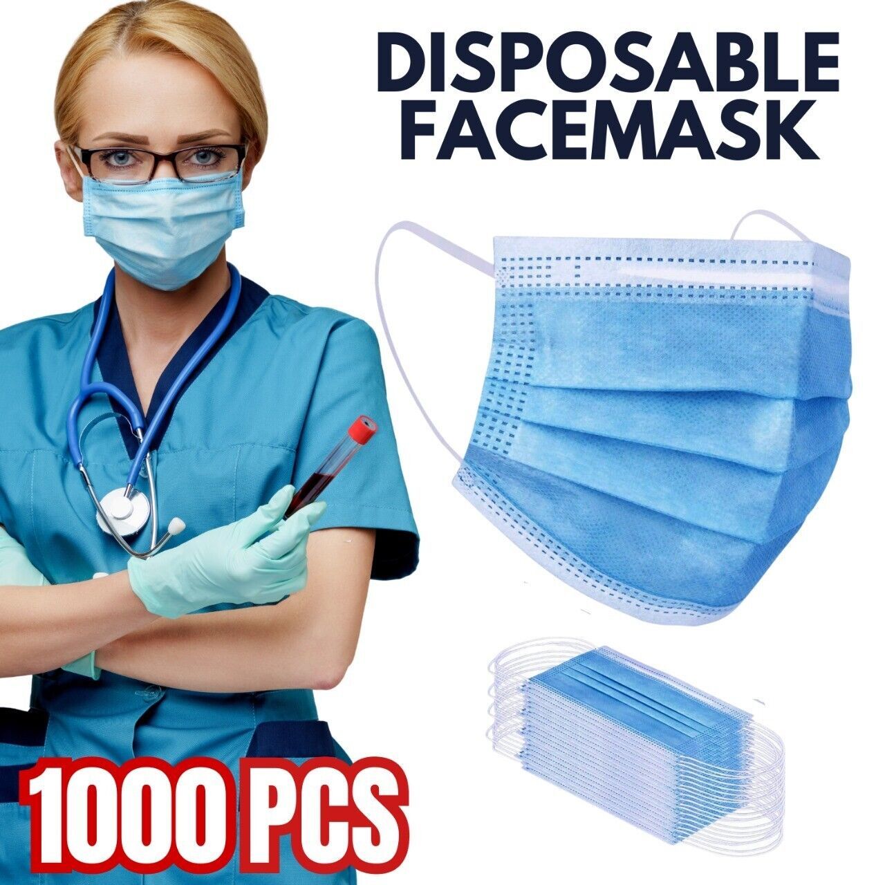 1000 PCS Protective Disposable Face Mask Cover 3 Ply Disposable Masks - Blue